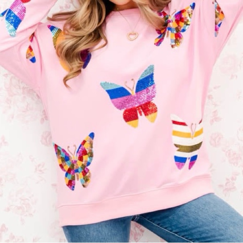 WD Butterfly Sequin Sweatshirt Pink Crewneck Oversized Cotton Blend
